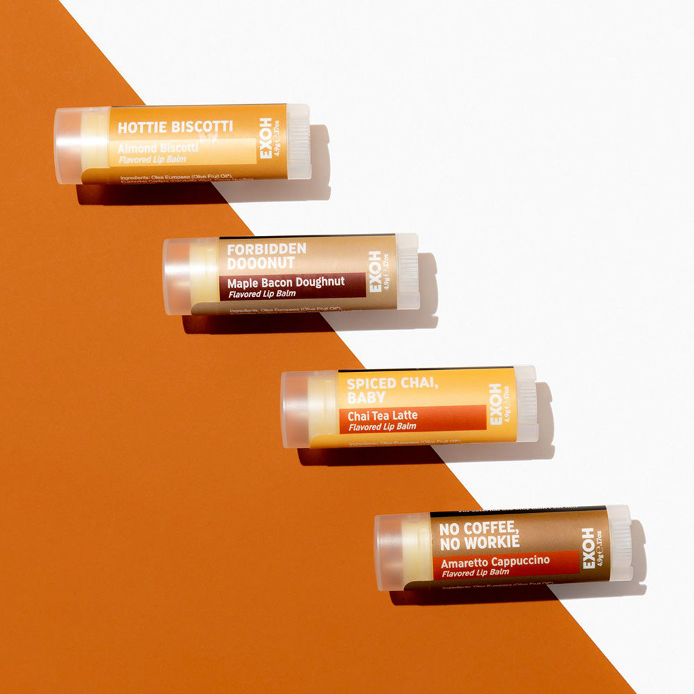 Four coffee-themed flavored lip balms by EXOH, on a burnt orange and white background.